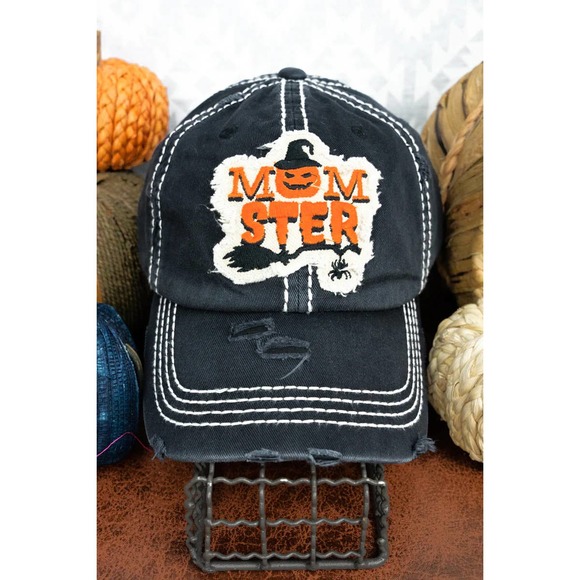 Momster Black Distressed Halloween Baseball Cap - One Size - Picture 1 of 2